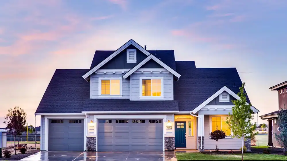 Two-story suburban home at dusk