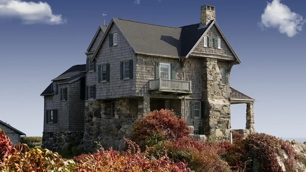 Shingle-and-stone residential house exterior